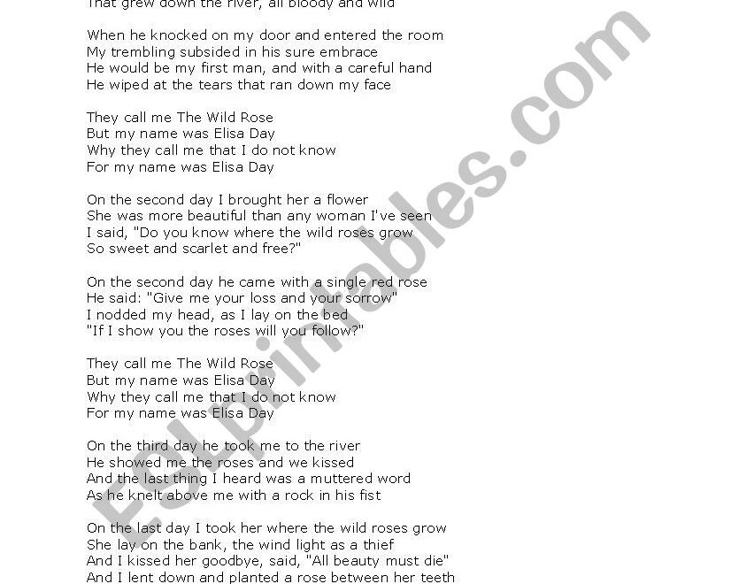 Where The Wild Roses Grow ESL Worksheet By Shalottslady