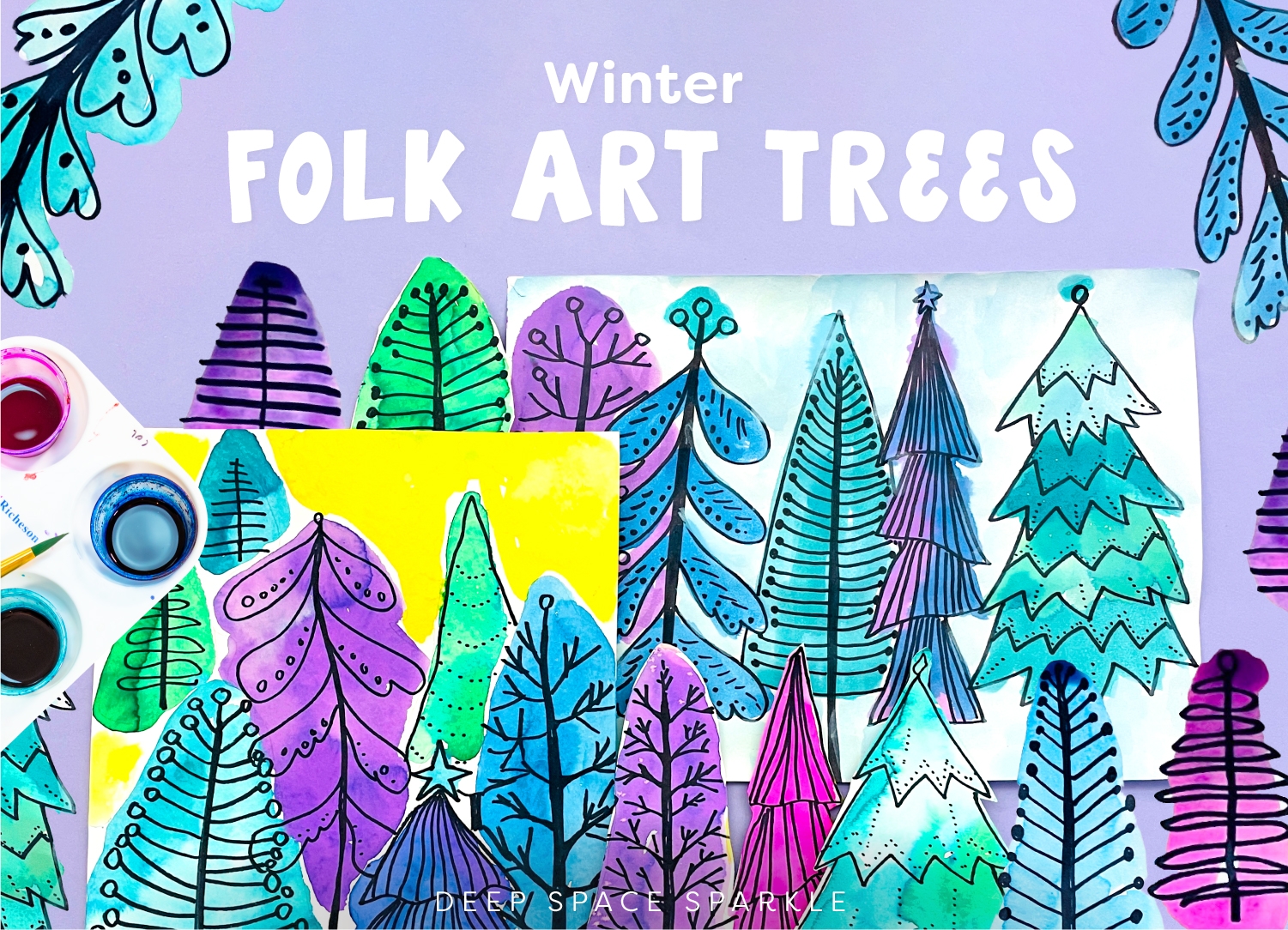 Winter Folk Art Trees Deep Space Sparkle